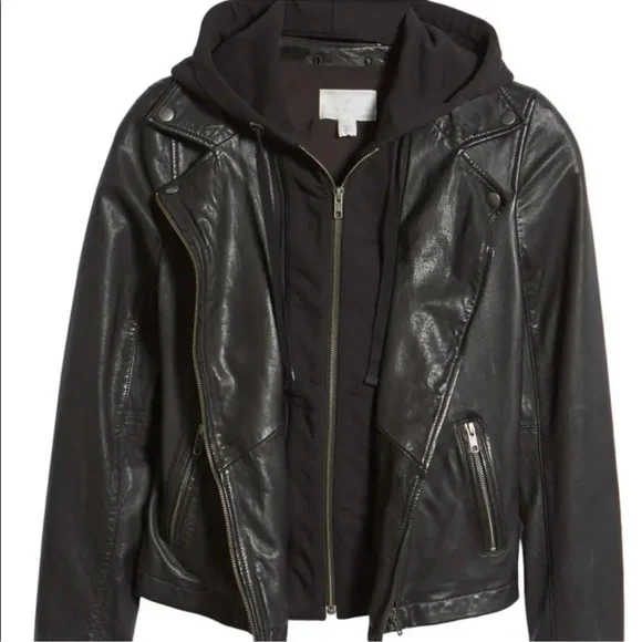 Caslon Black Leather Moto Jacket Women Large Removable Hood - Picture 5 of 16